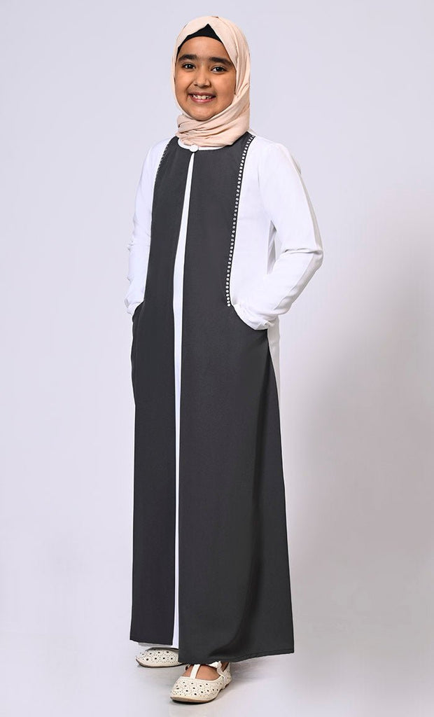 Double Layered Girl's Grey Abaya with Sequined Yoke and Front Pockets - EastEssence.com