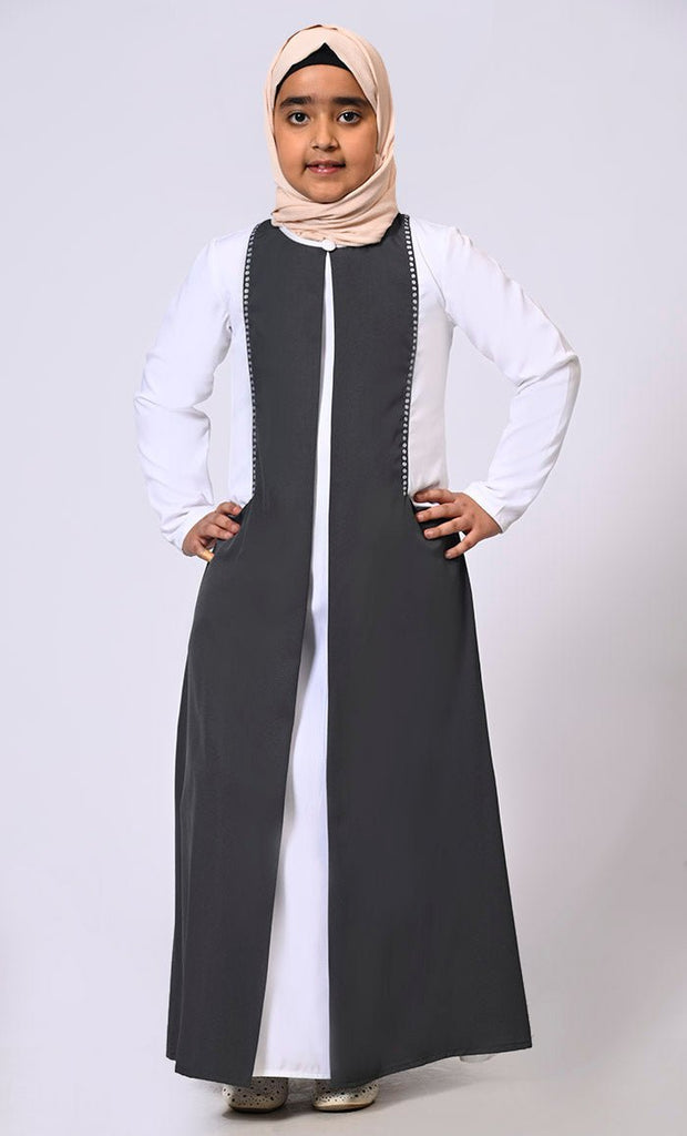 Double Layered Girl's Grey Abaya with Sequined Yoke and Front Pockets - EastEssence.com