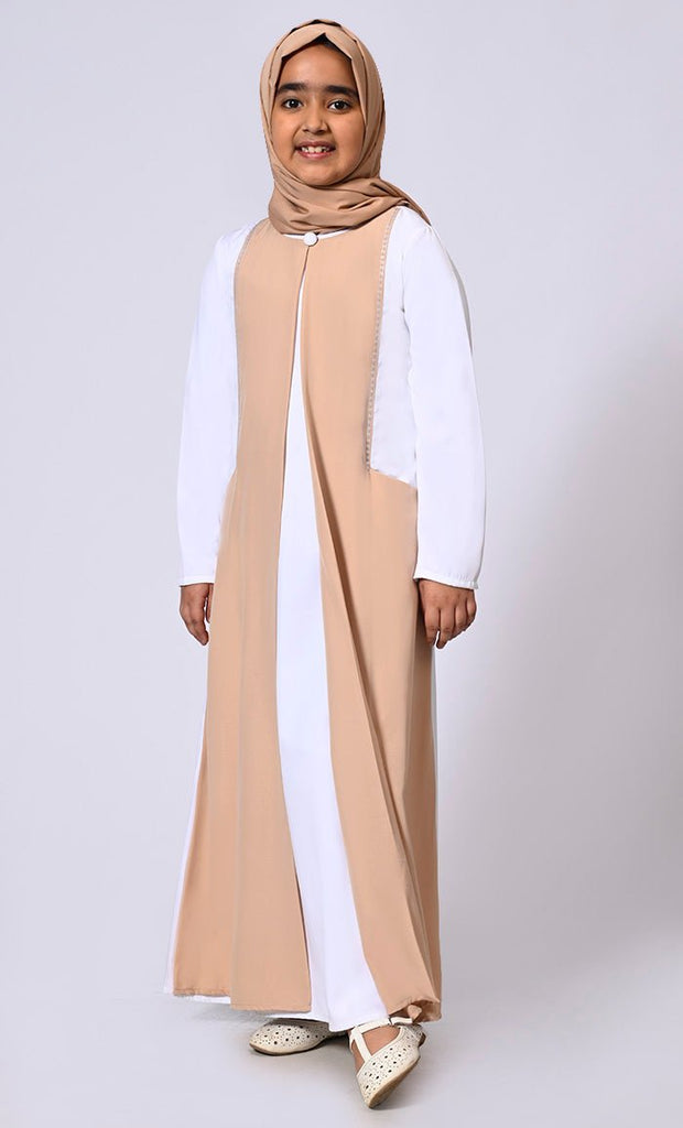 Double Layered Girl's Sand Abaya with Sequined Yoke and Front Pockets - EastEssence.com