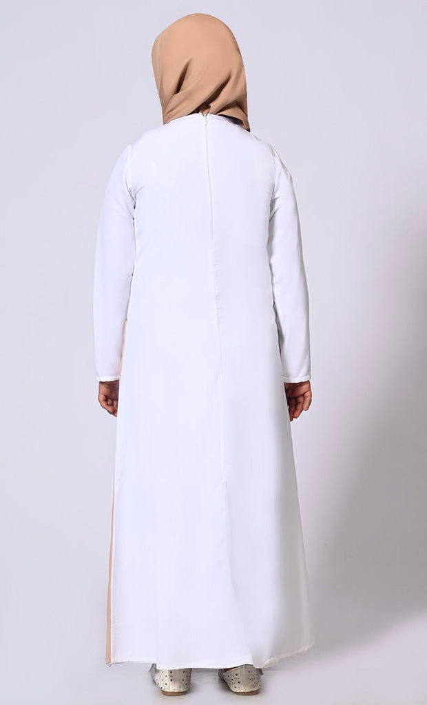 Double Layered Girl's Sand Abaya with Sequined Yoke and Front Pockets - EastEssence.com