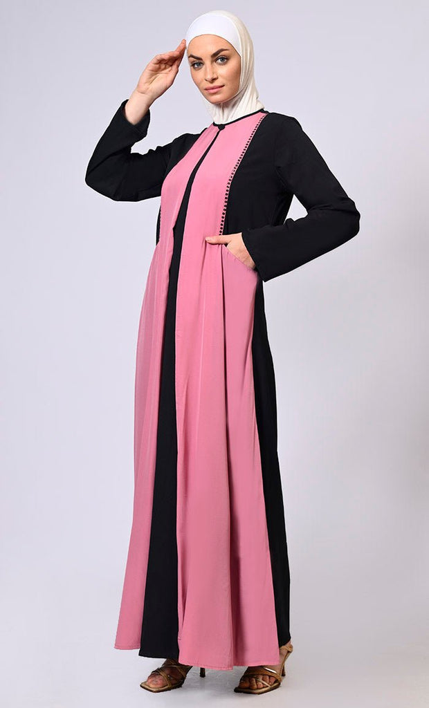 Double Layered Pink Abaya with Sequined Yoke and Front Pockets - EastEssence.com