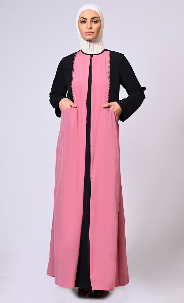 Double Layered Pink Abaya with Sequined Yoke and Front Pockets - EastEssence.com