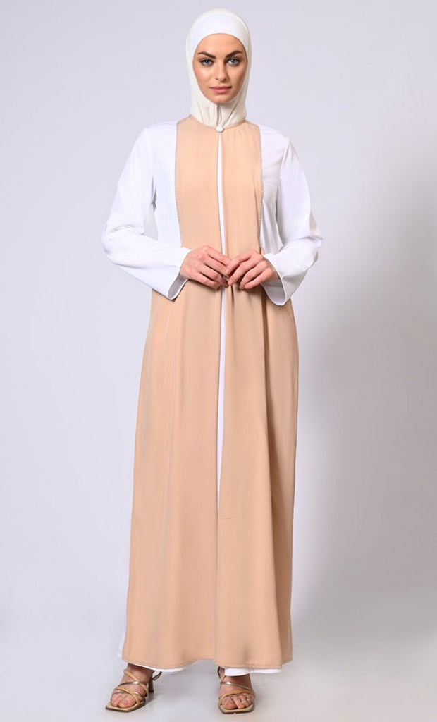 Double Layered Sand Abaya with Sequined Yoke and Front Pockets - EastEssence.com