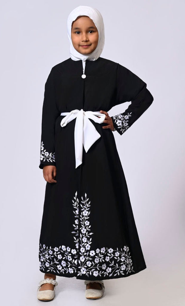 Elegant Ensemble: Girls' Black Double Layered Embroidered Abaya with Belt - EastEssence.com
