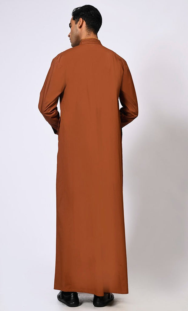 Elevated Elegance: Embroidered Men's Brown Thobe with Contrast Accents - EastEssence.com