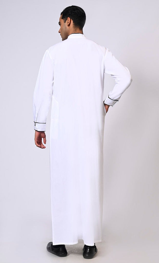 Elevated Elegance: Embroidered Men's White Thobe with Contrasting Trims - EastEssence.com