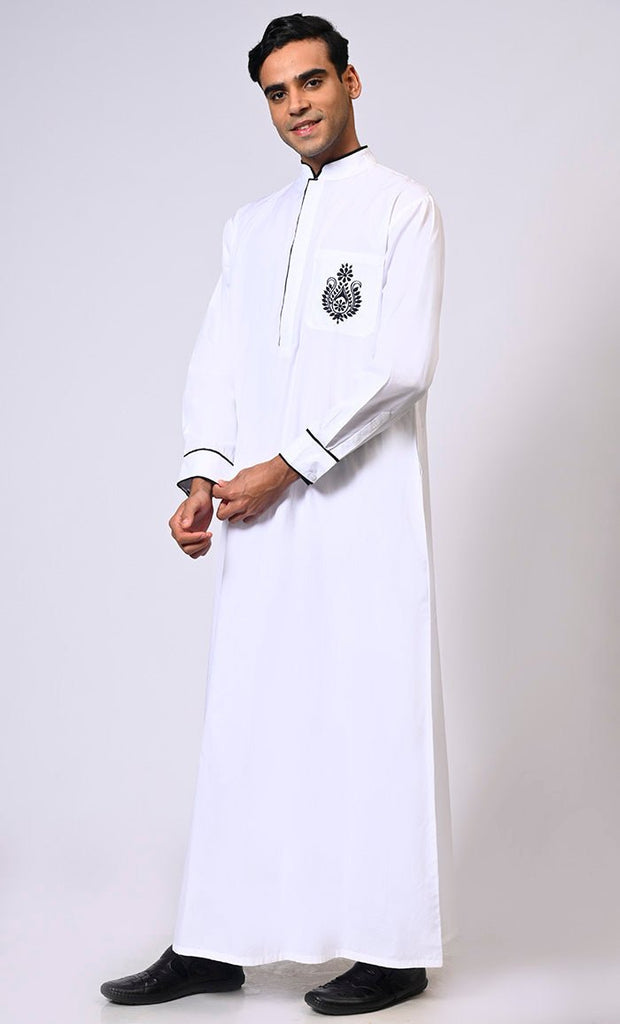 Elevated Elegance: Embroidered Men's White Thobe with Contrasting Trims - EastEssence.com