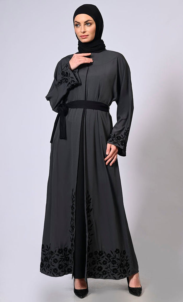 Embroidered Enchantment: Graceful Grey Abaya with Delicate Details and Belt - EastEssence.com