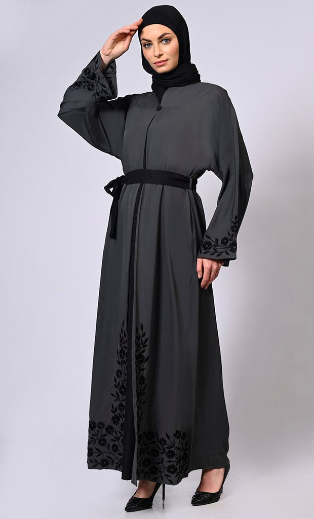 Embroidered Enchantment: Graceful Grey Abaya with Delicate Details and Belt - EastEssence.com