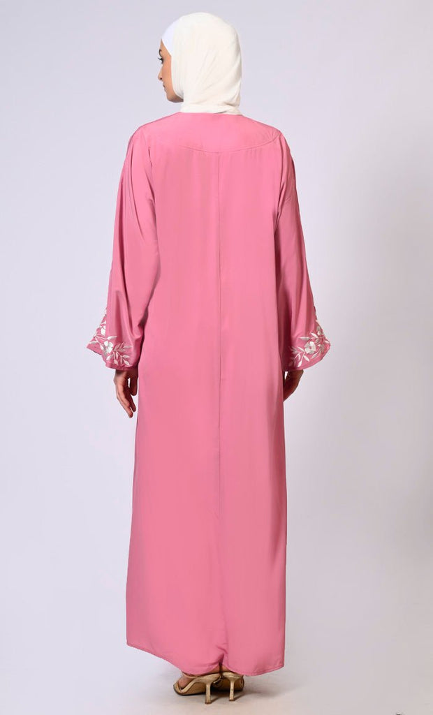 Embroidered Enchantment: Graceful Pink Abaya with Delicate Details and Belt - EastEssence.com