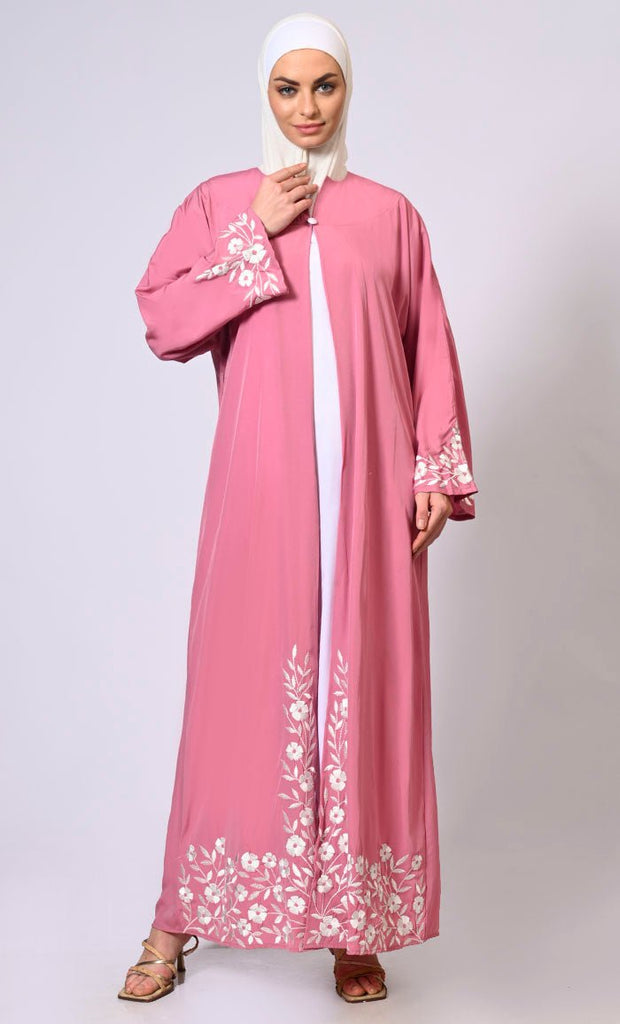 Embroidered Enchantment: Graceful Pink Abaya with Delicate Details and Belt - EastEssence.com