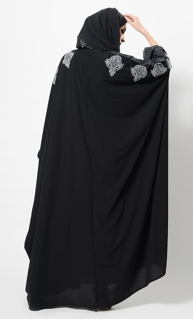 Embroidered Motifs Kimono Sleeves Abaya Dress And Hijab Set - EastEssence.com