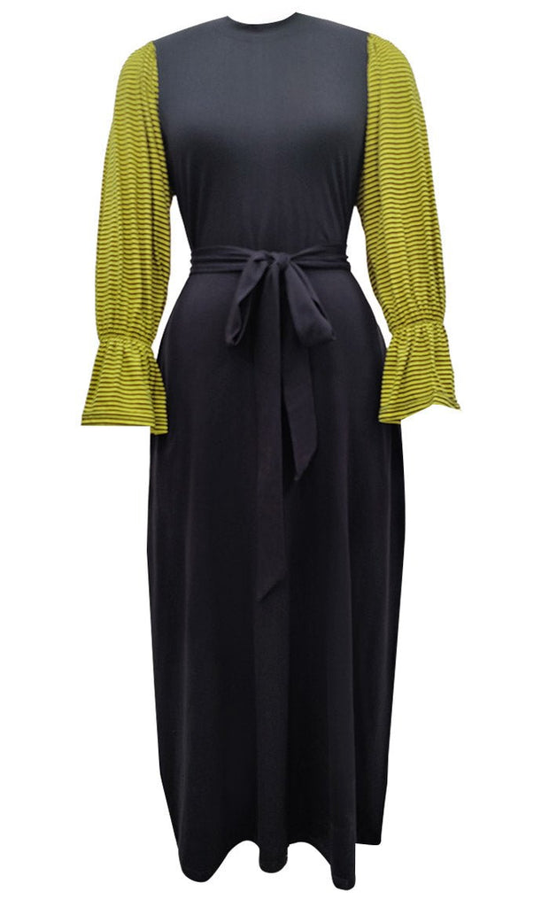 Everydaywear Black And Mustard Cotton Jersey Abaya With Pockets - EastEssence.com