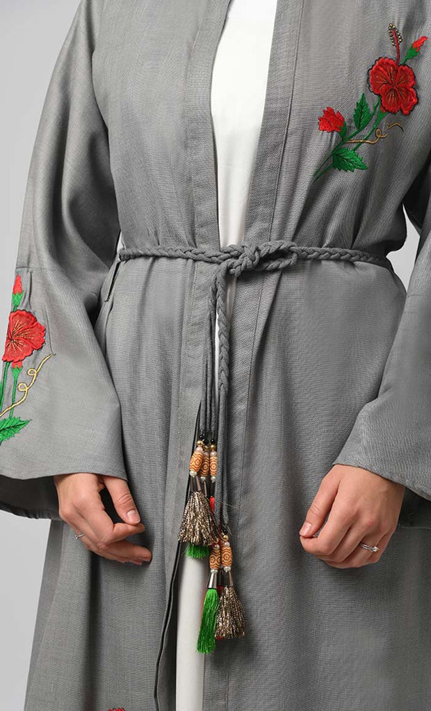 Exclusive Grey Chambrey Embroidered Shrug/Bihst Abaya - EastEssence.com
