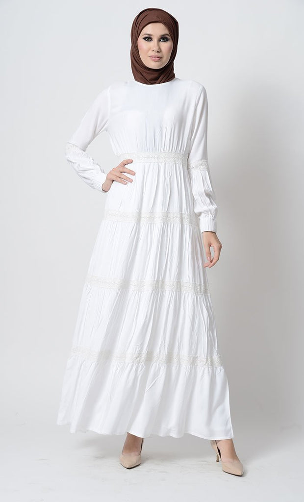 Fancy laced tiered Rayon Abaya Dress-White - EastEssence.com