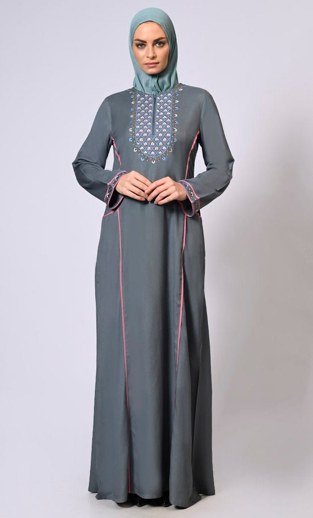 Feminine Flourish: Embroidered Front Zip Grey Abaya with Front Pockets - EastEssence.com