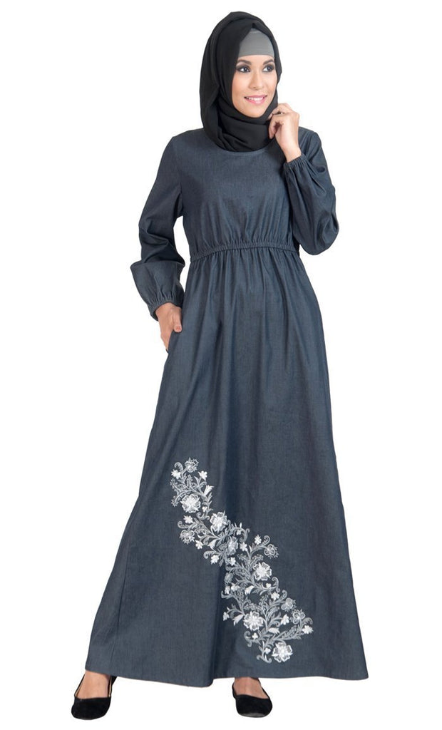Floral embroidered fit and flared arabian abaya dress - EastEssence.com