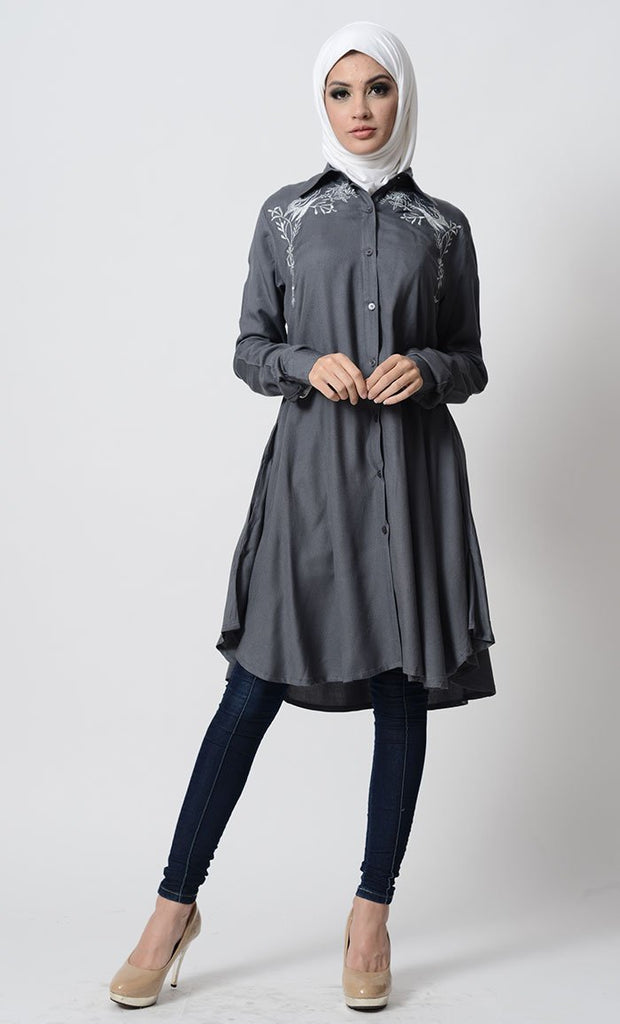 Floral Embroidered High Low Shirt Style Tunic - EastEssence.com