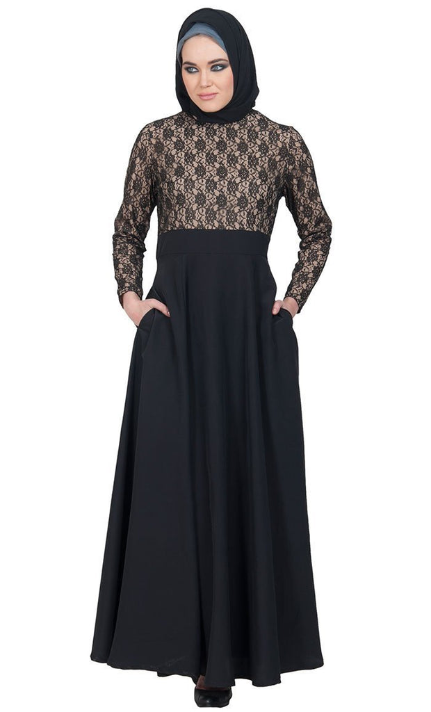Floral lace work gown style flared abaya dress - EastEssence.com