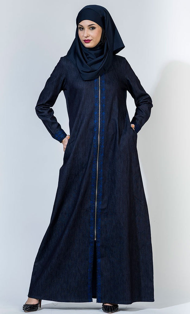 Front Open Denim Embroidered Abaya/ Jilbab - EastEssence.com