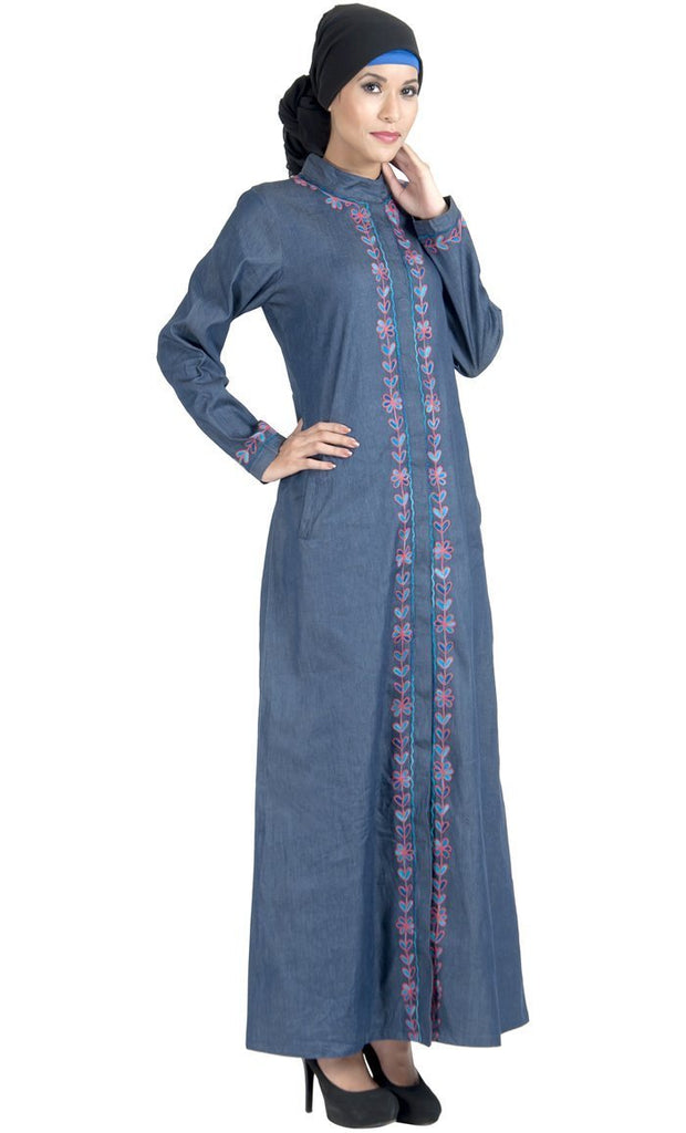 Front open denim embroidered abaya/ Jilbab dress - EastEssence.com