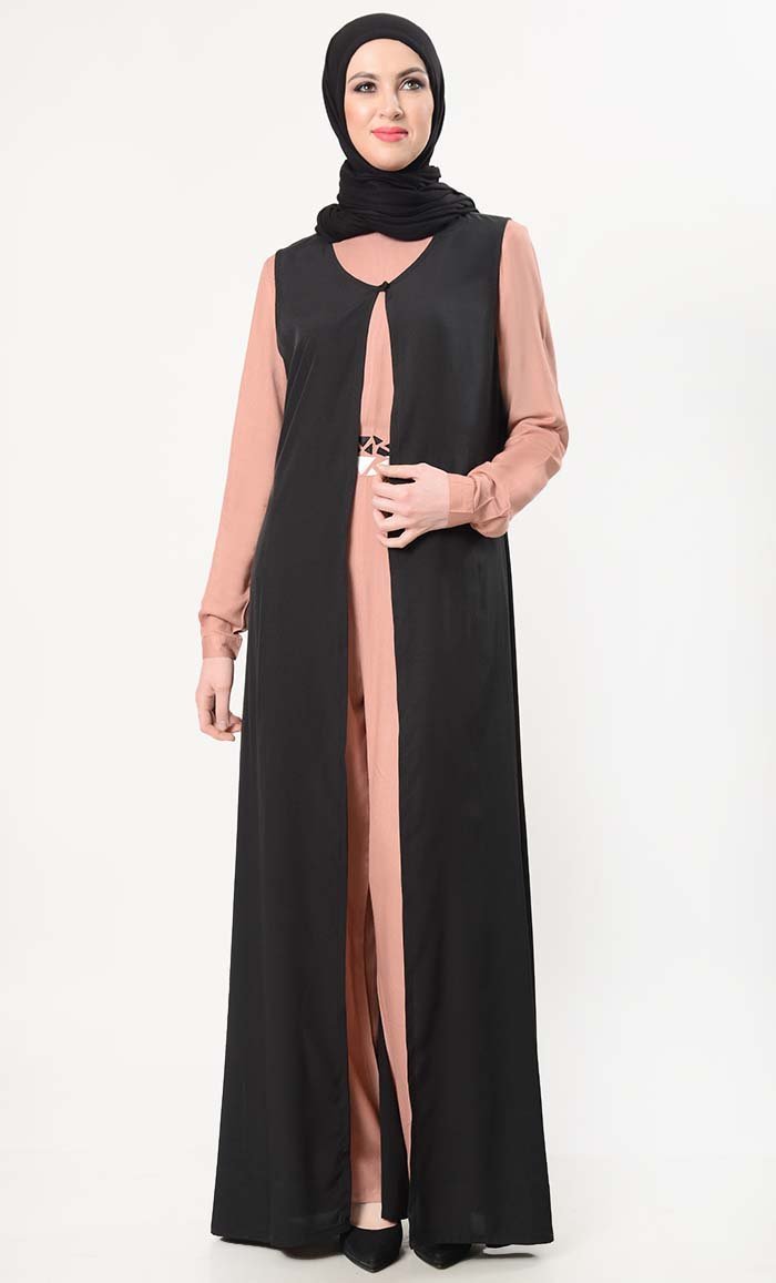 Geometric Embroidered Jumpsuit With Shrug - Burlwood - EastEssence.com