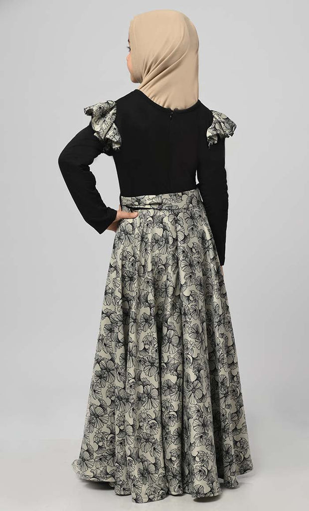 Girl Modest Muslim Floral Printed Abaya With Loose Belt - EastEssence.com