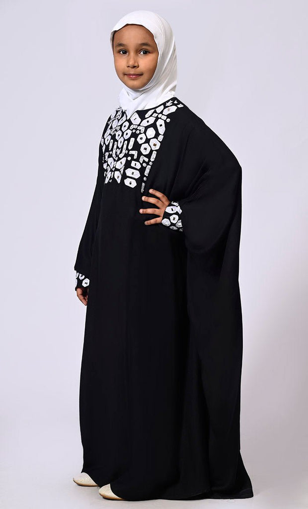 Girls Black Kaftan Abaya with Mirror Work Embroidery and Inside Belt - EastEssence.com