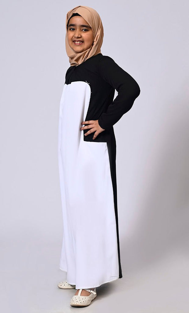Girl's White Abaya with Inverted Box Pleat and Contrasting Yoke Panel - EastEssence.com