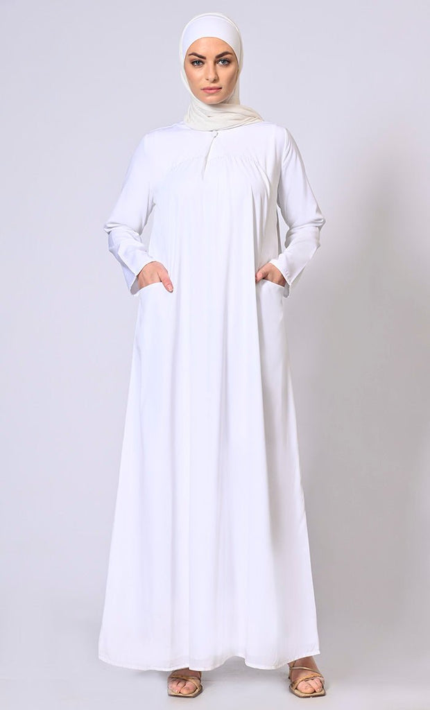 Glamorous Layers: White Double Layered Abaya with Sequined Yoke - EastEssence.com
