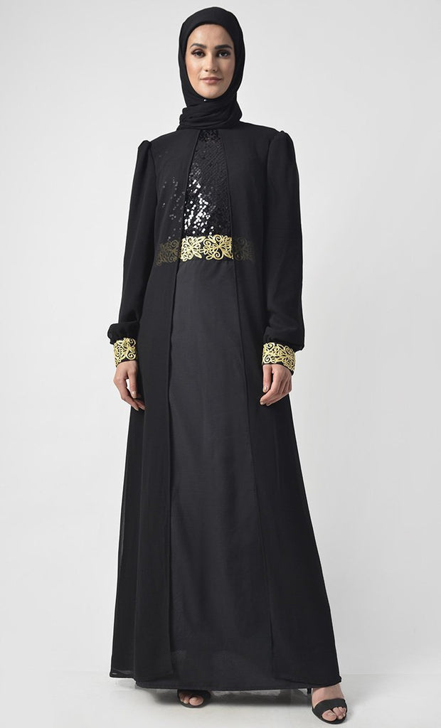 Gleaming Sequin Detail Abaya With Embroidery