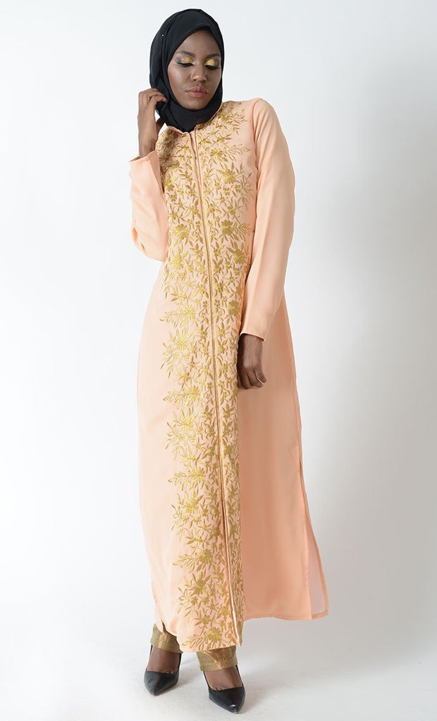 Golden Embroidered Eid Abaya Suit + Hijab - EastEssence.com
