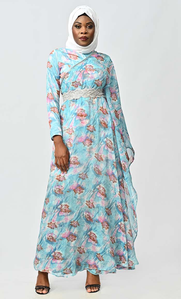 Graceful One Side Flared Printed Georgette Abaya With Embroidered Belt - EastEssence.com