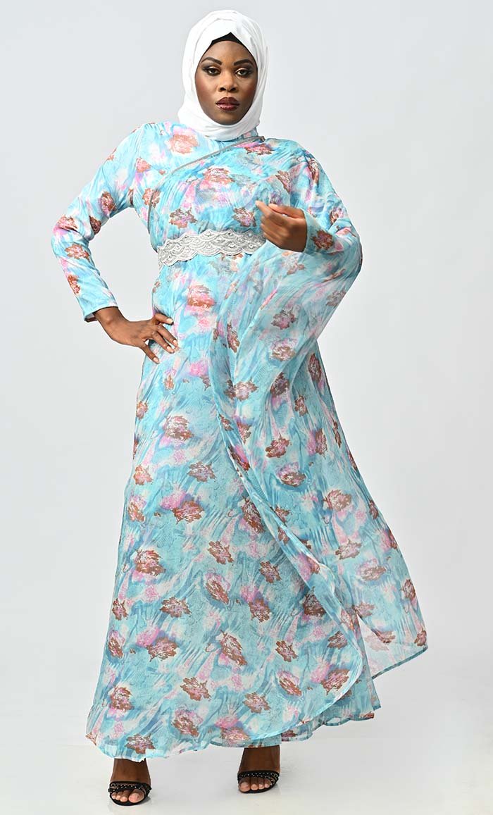 Graceful One Side Flared Printed Georgette Abaya With Embroidered Belt - EastEssence.com