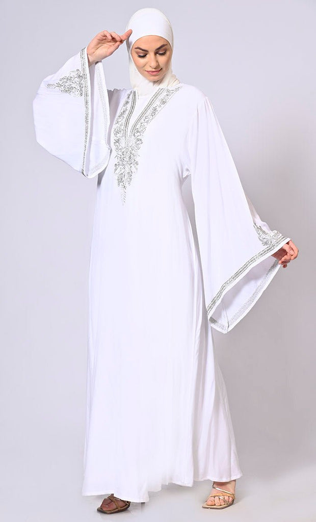 Handcrafted & Machine Embroidered Bell Sleeves White Abaya - EastEssence.com