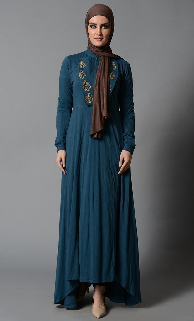 High -Low Cotton Jersey Abaya with Embroidery & Flap Details - EastEssence.com