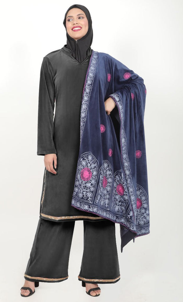Intricate Kashmiri Multi Thread Embroidery Shawl - Length:- 105"Inch, Width:- 40"Inch - EastEssence.com
