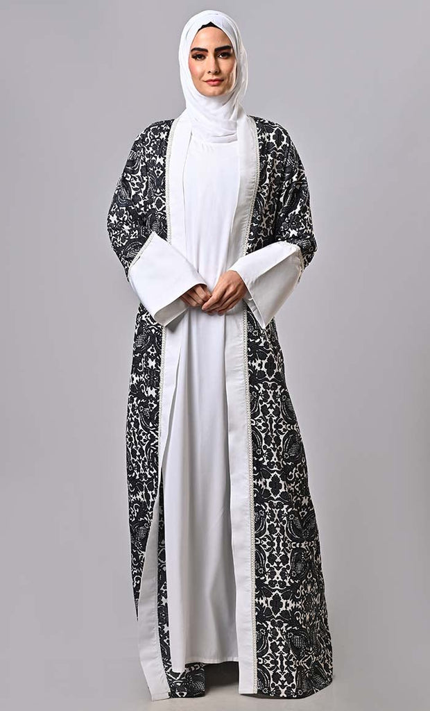 Islamic 2pc set printed lace intricate shrug with inner and belt - EastEssence.com