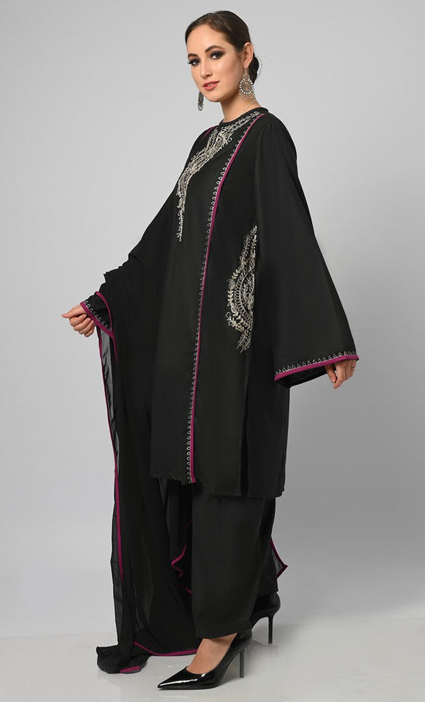 Kashmiri Embroidered Black Phiran With Salwar And Dupatta-Included Pockets - EastEssence.com