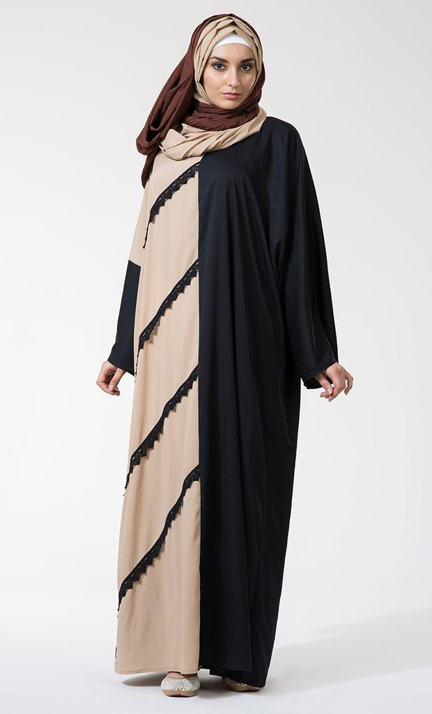 Lace Trim Two-Tone Abaya dress - EastEssence.com