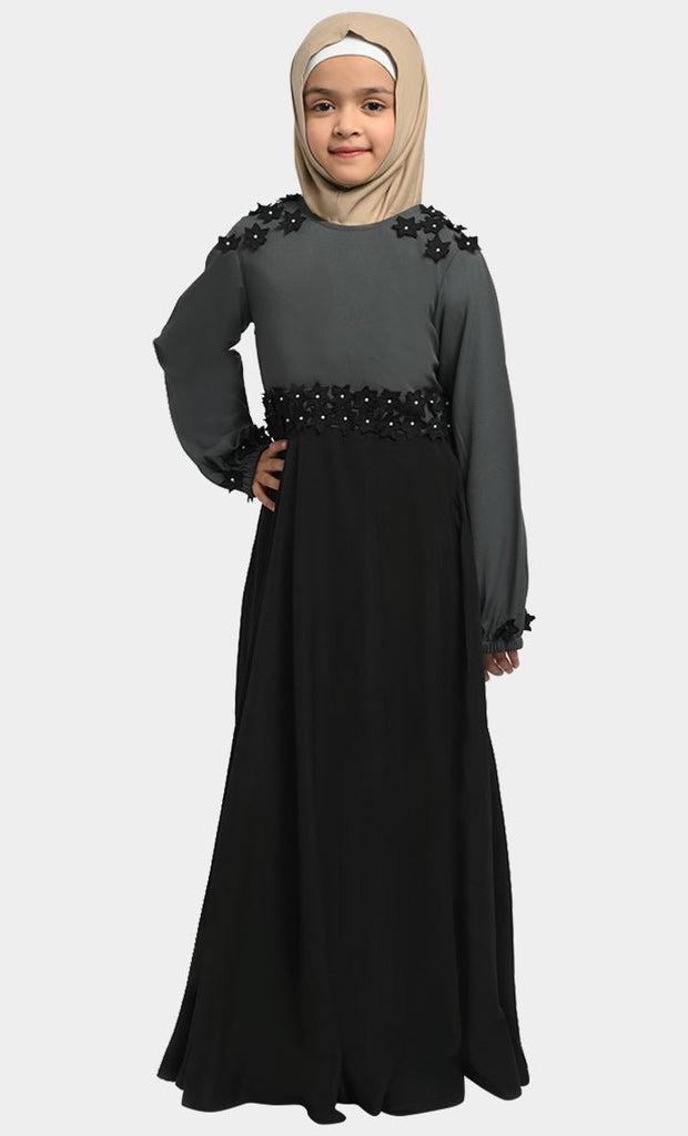 Little Girl Saaida Black & Grey Modest Abaya With Pockets - EastEssence.com
