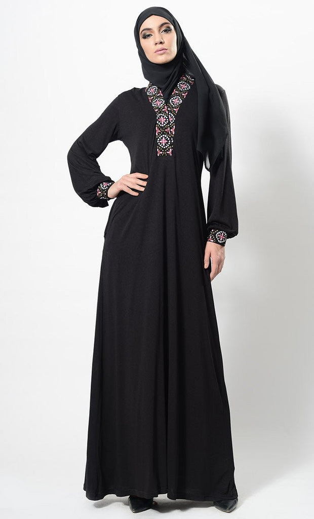 Machine Embroidered Flared Abaya Dress And Hijab Set - EastEssence.com