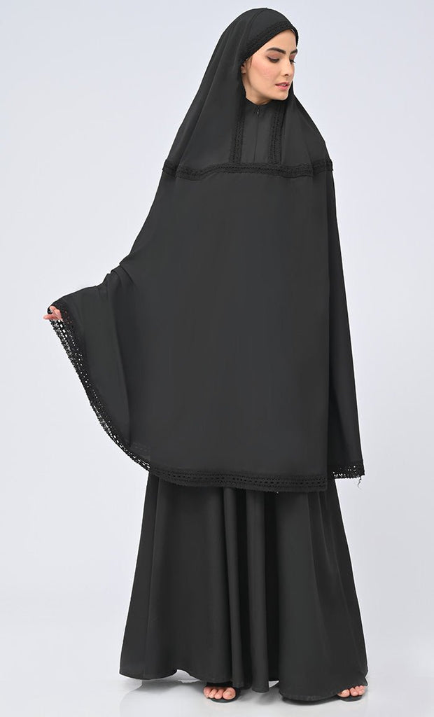 Black Lace Detailing Khimar Prayer Dress For Women