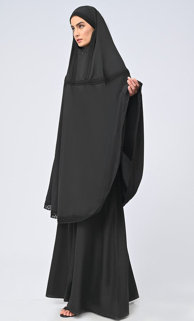 Black Lace Detailing Khimar Prayer Dress For Women