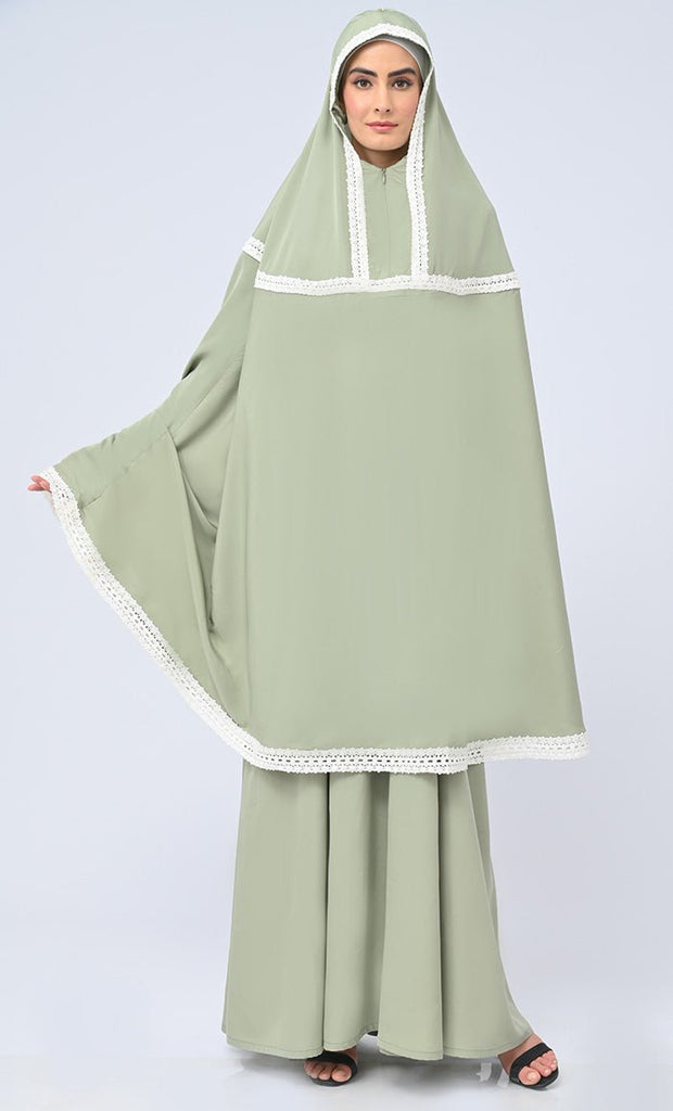 Maghrib Modest Olive Lace Detailing Khimar Prayer Dress For Women - EastEssence.com