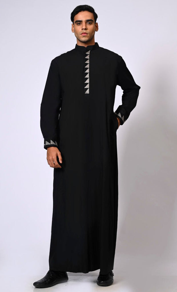Men's Black Thobe with Geometrical Embroidery detailing and Pockets - EastEssence.com