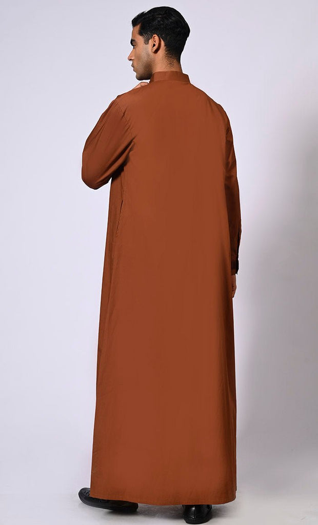 Men's Brown Thobe with Geometrical Embroidery detailing and Pockets - EastEssence.com