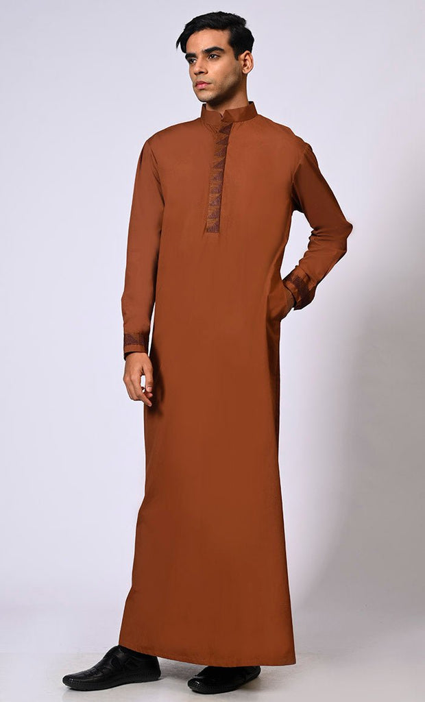 Men's Brown Thobe with Geometrical Embroidery detailing and Pockets - EastEssence.com