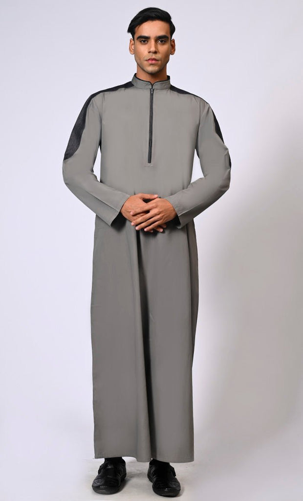 Men's Grey Thobe with Contrast Colour Yoke and Sleeves Panel - EastEssence.com