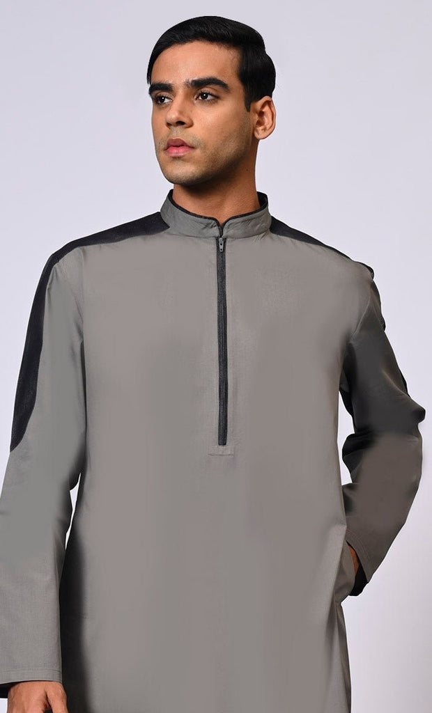 Men's Grey Thobe with Contrast Colour  Sleeves Panel